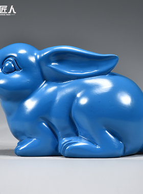 蓝色木雕兔子摆件实木客厅吉祥物