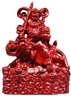 红色木雕刻武财神骑虎赵公明神像