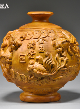 香樟木花瓶摆件实木雕刻客厅装饰