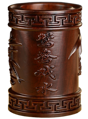 笔筒黑檀木雕鸳鸯戏水笔筒工艺品