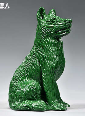 绿色木雕狗摆件十二生肖狗摆设家居客厅电视柜办公装饰红木工艺品