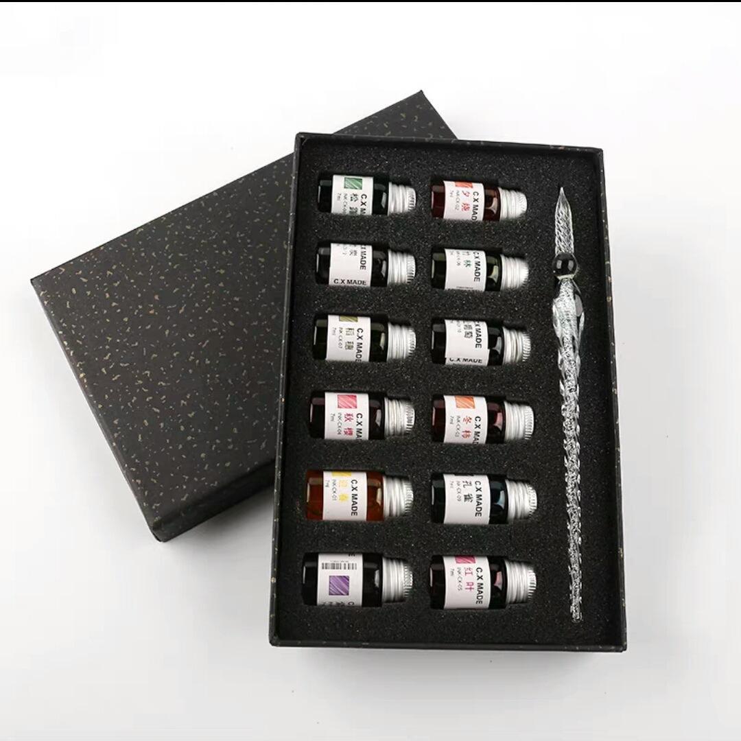 水晶玻璃笔12色金粉彩色墨水礼盒蘸水笔套装送同学朋友抖音礼爆款