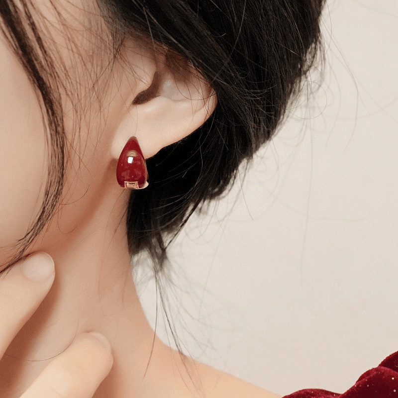 复古滴釉红色水滴耳扣女2024新款爆款轻奢耳钉高级感耳环气质耳饰