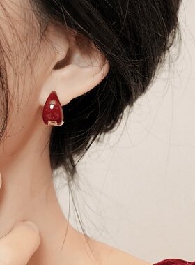 复古滴釉红色水滴耳扣女2024新款爆款轻奢耳钉高级感耳环气质耳饰