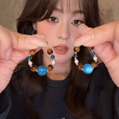 新中式 虎眼石串珠耳钉女秋冬轻奢高级感耳环独特绝美耳坠气质耳饰