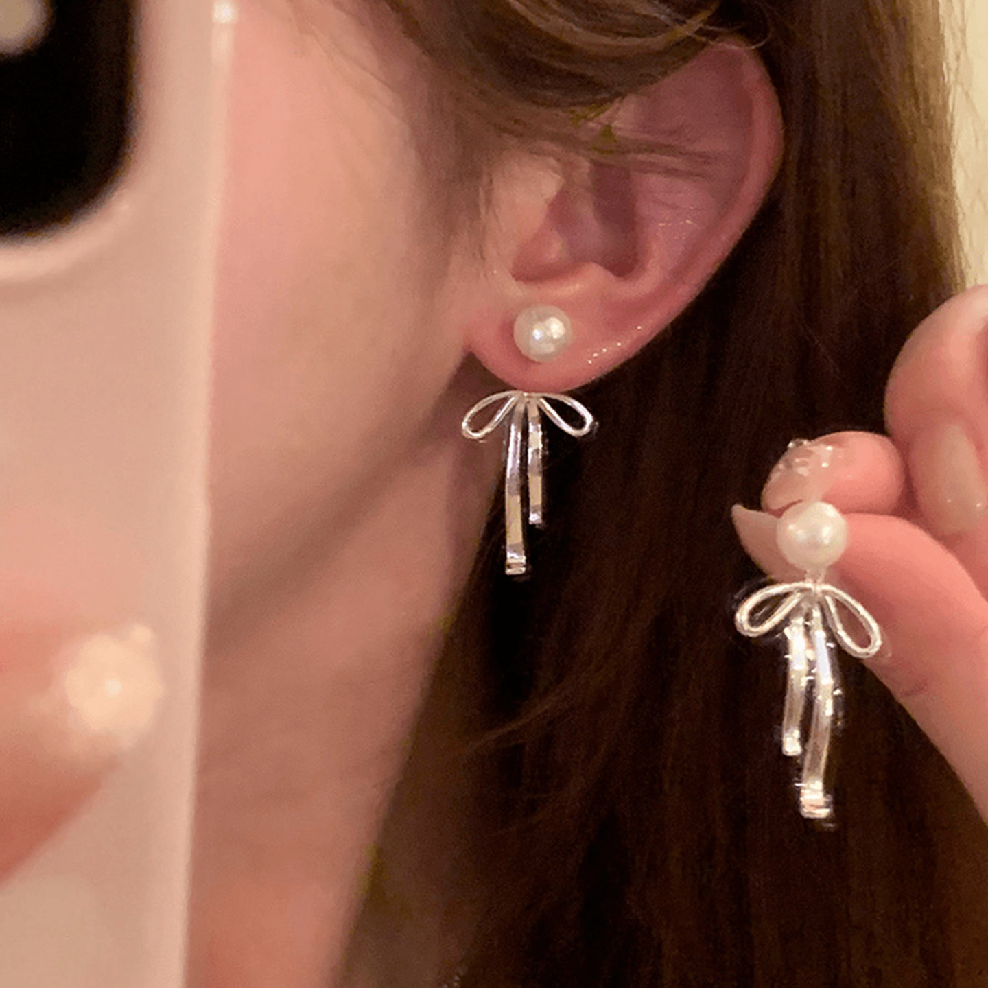 秋冬气质两戴珠珠蝴蝶结耳钉女2025新款爆款小众设计耳环气质耳饰