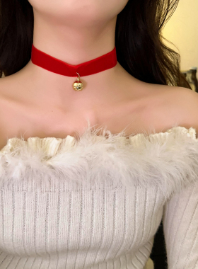 圣诞节红丝绒蝴蝶结铃铛项链女2024新款爆款氛围感项圈气质锁骨链