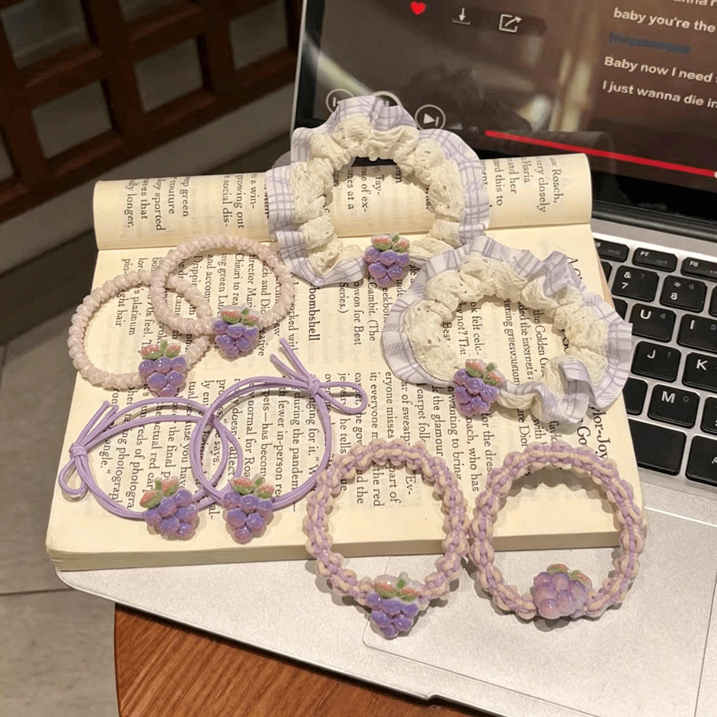 紫色系葡萄蕾丝花边小肠发圈甜美高颜值可爱头绳高弹力橡皮筋发饰