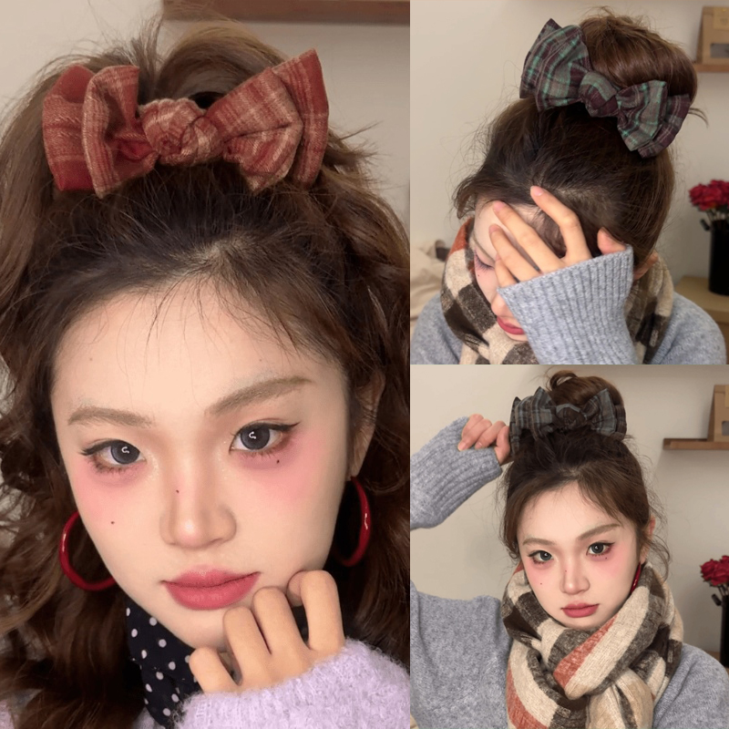 复古格纹学院风蝴蝶结丸子头抓夹2024秋冬新款甜美发夹鲨鱼夹发饰