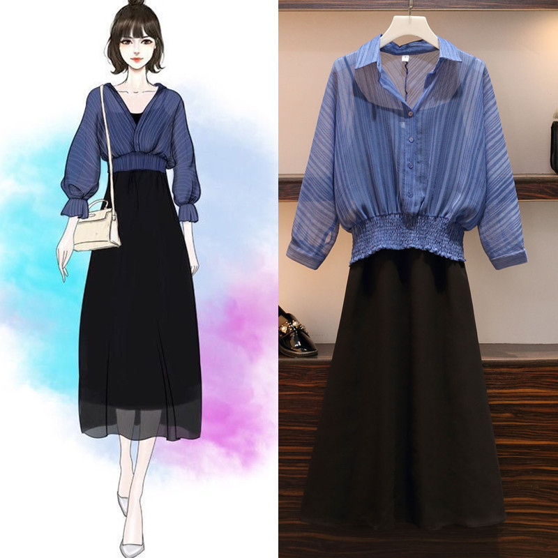 大码女装2020春夏新款显瘦减龄胖mm雪纺防晒衣吊带连衣裙两件套装