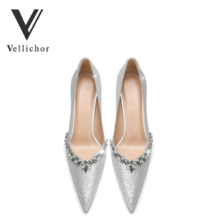 女不累脚高级感银色新娘伴娘鞋 尖头细跟高跟鞋 婚鞋 VELLICHOR新款