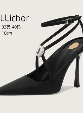 2025新款交叉带包头凉鞋女细跟仙女风优雅法式名媛黑色高跟鞋气质