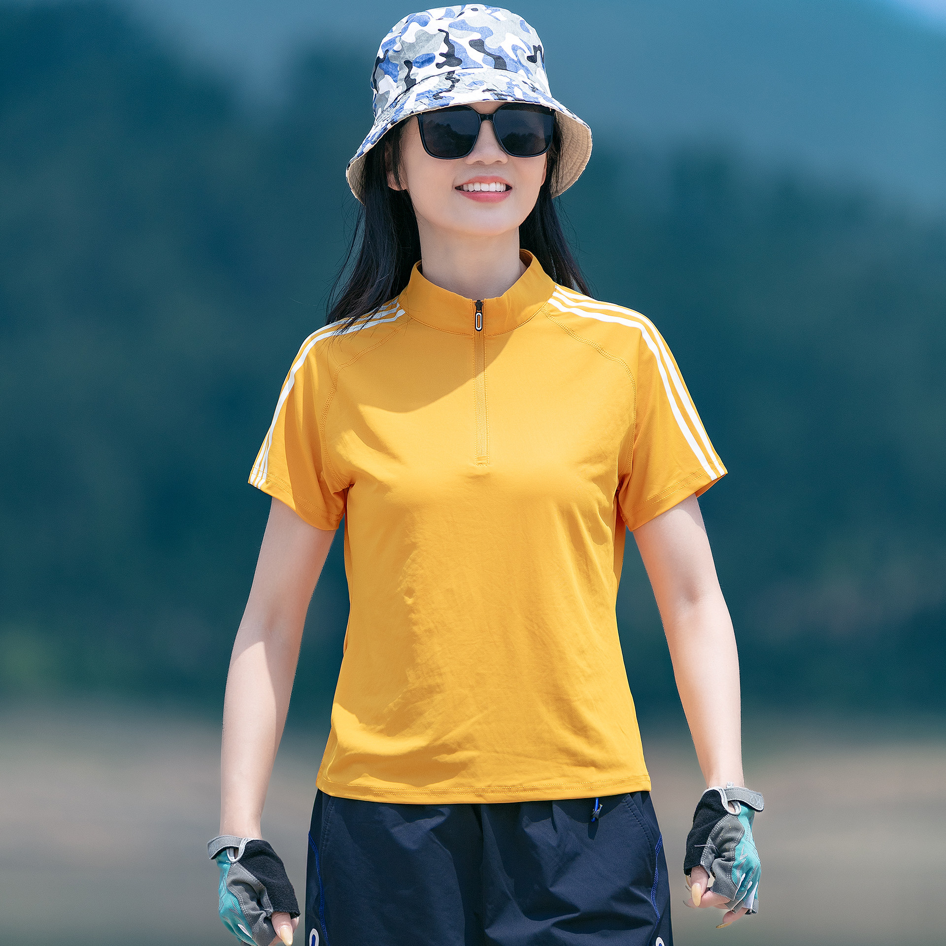 凉感速干t恤短袖女式夏季条纹立领健身跑步户外运动登山快干上衣图片