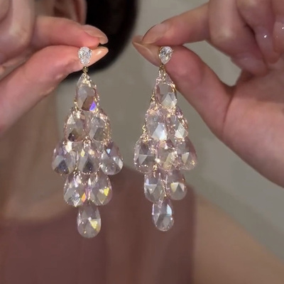 梦幻白水晶长款流苏耳环女轻奢