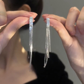 小众时尚 高级感满钻方形链条流苏耳环女夏2025新款 潮个性 百搭耳饰