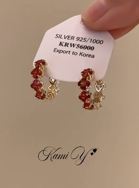 法式精致红色锆石耳扣女新年高级感小众设计气质百搭时尚显白耳环