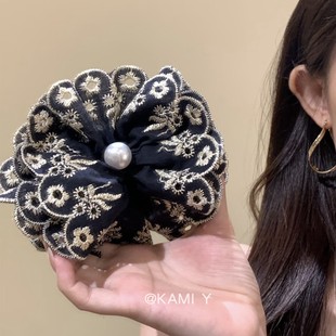 高级感扎马尾慵懒头饰百搭香蕉夹 布艺蕾丝宫廷风花边发夹2025新款