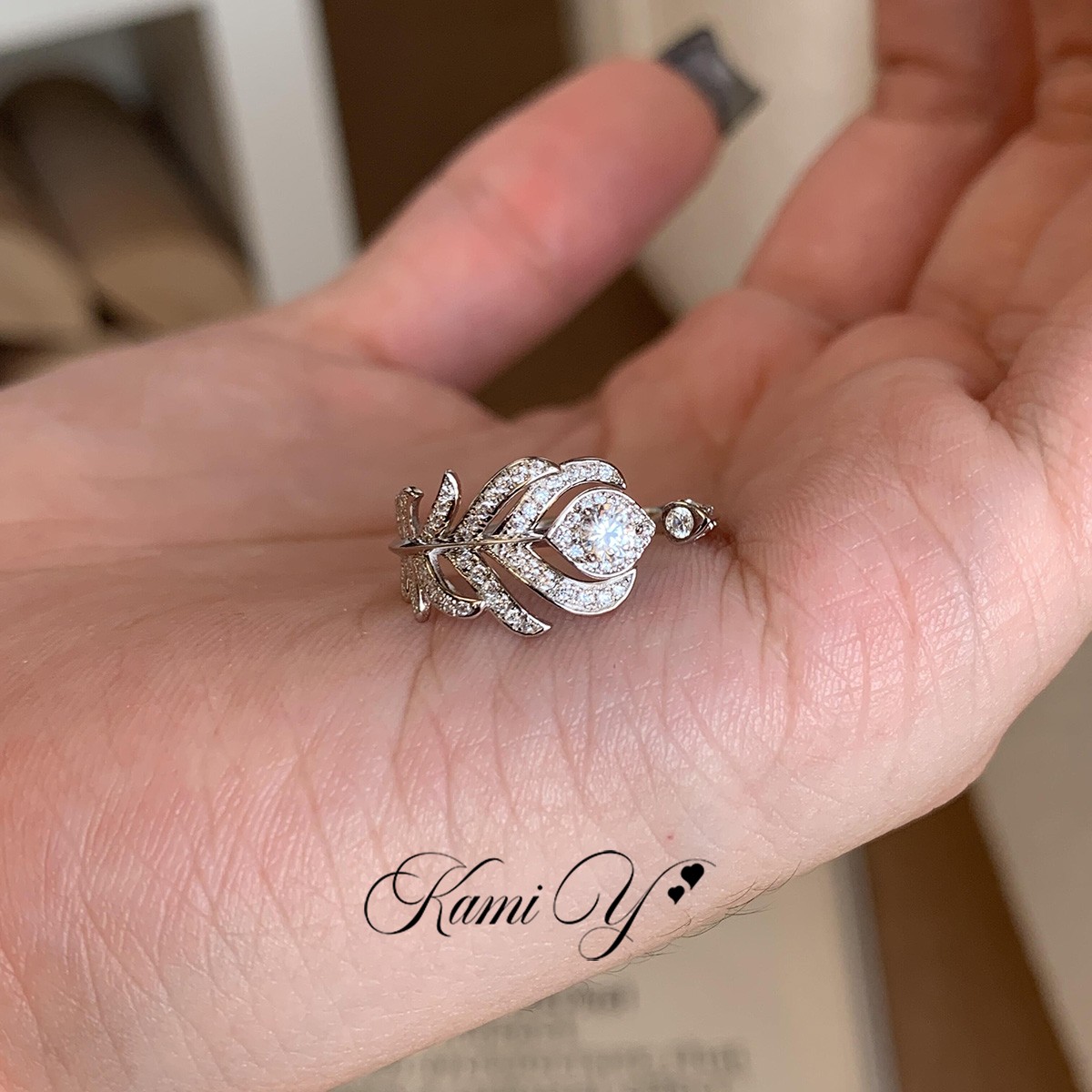 高级感银色锆石孔雀羽毛戒指女轻奢小众设计感气质百搭开口戒指环