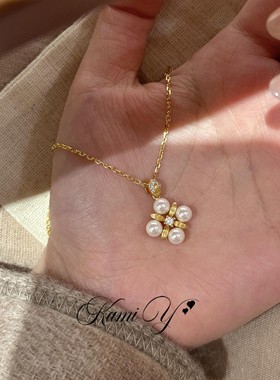 长期主义中古拉丝珍珠四叶花项链