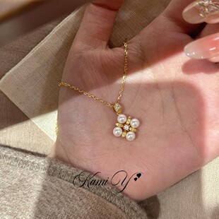 长期主义中古拉丝珍珠四叶花吊坠项链女轻奢贵气千金感毛衣链配饰