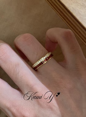 中古红宝石排钻金色戒指女精致