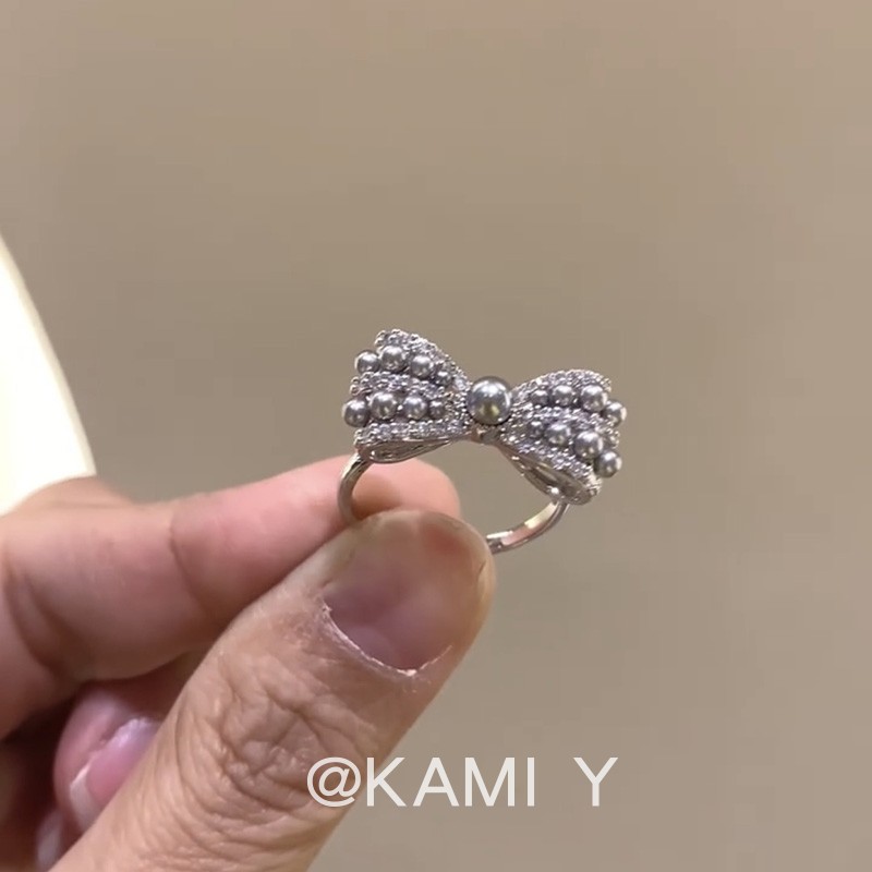 法式灰色珍珠蝴蝶结开口戒指女