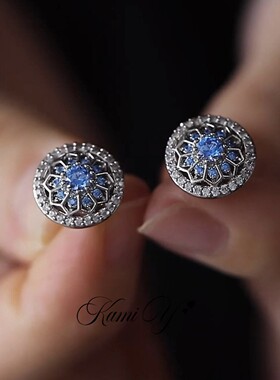 中古清冷风镂空蓝色锆石耳钉女精致小众设计轻奢高级时尚气质耳饰