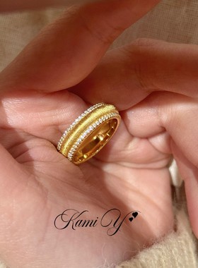 中古拉丝细闪点钻鎏金戒指女大气