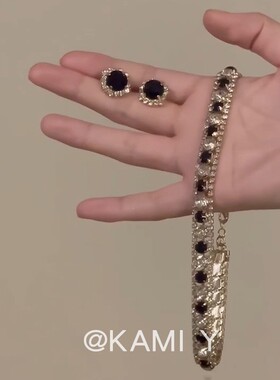 KAMI Y高级感神秘黑色锆石几何耳钉项链套装小众设计气质名媛饰品