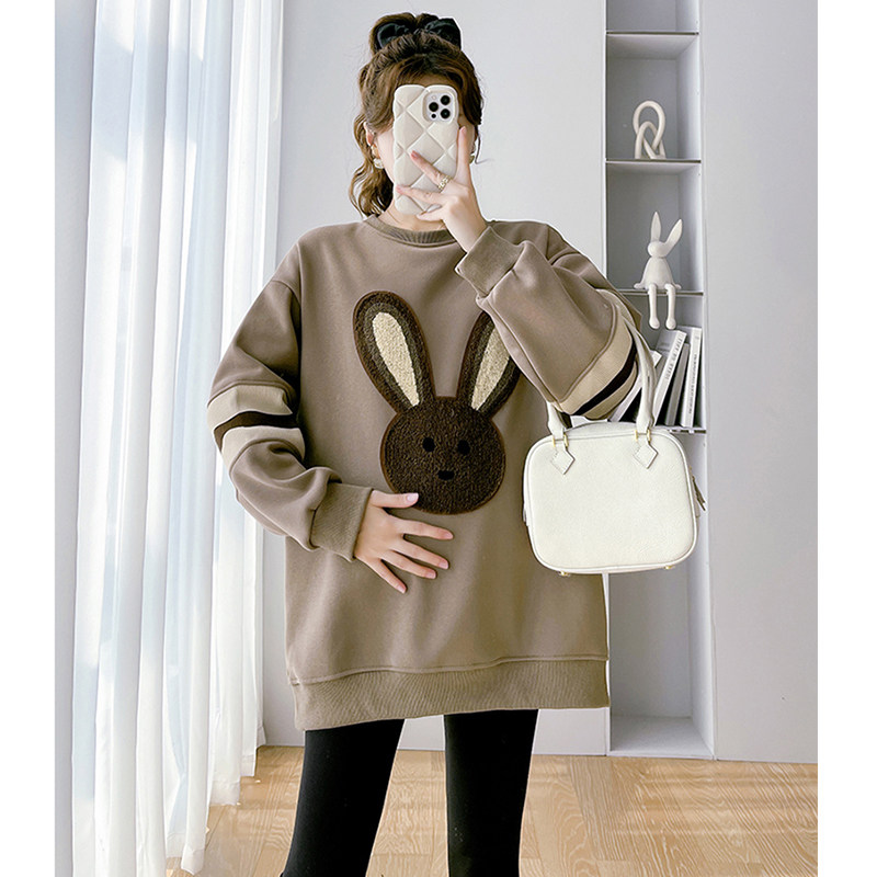 출산 스웨터 여성 가을 겨울 벨벳 느슨한 패션 정장 2024 새로운 작은 사람 따뜻하고 배를 덮는 투피스 세트