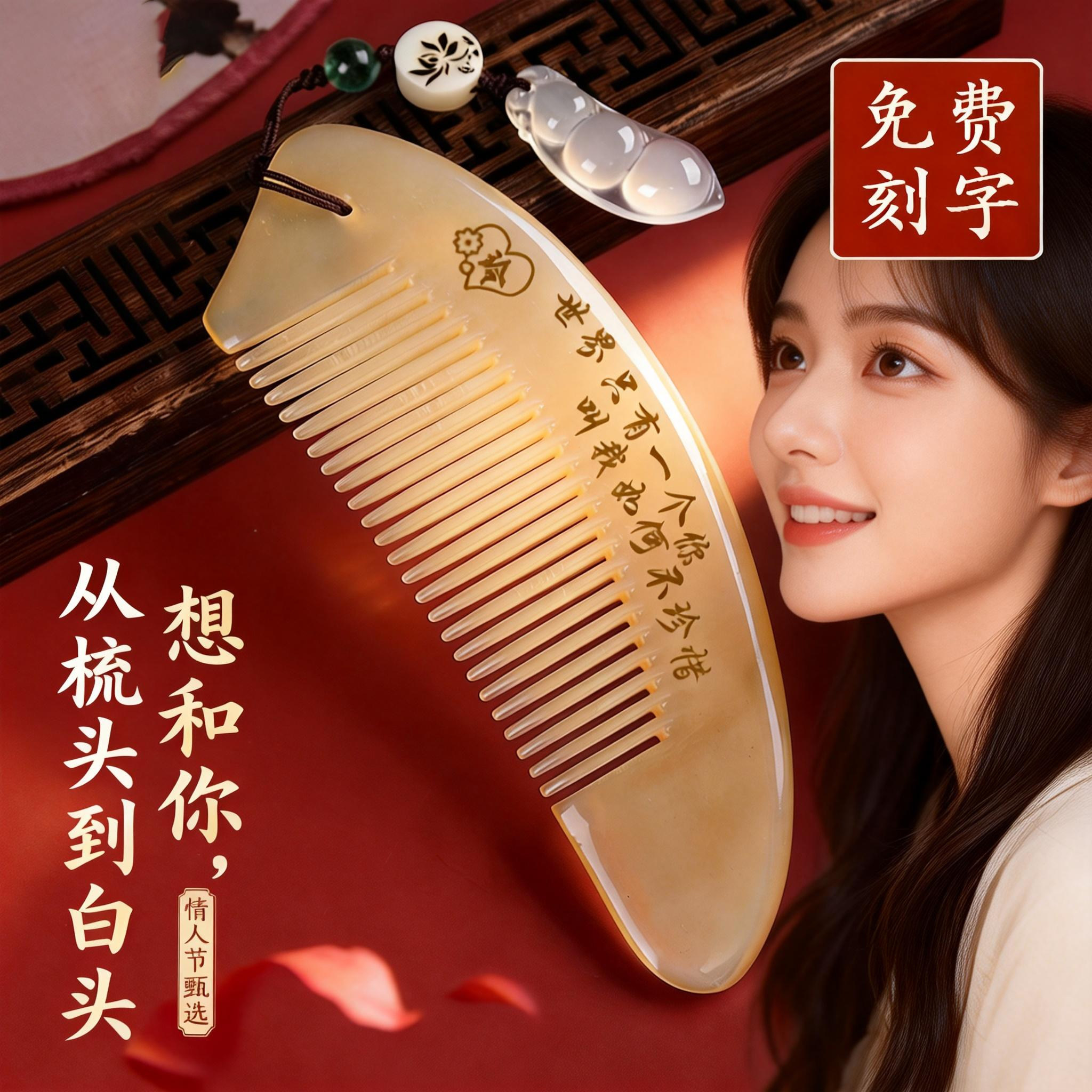 天然牛角梳正品官方旗舰店七夕节生日礼物梳子送女友高端刻字梳