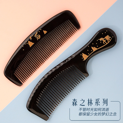 定制刻字精美图案黑水牛角梳