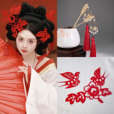 剪纸新娘头饰新中式红色喜鹊国风