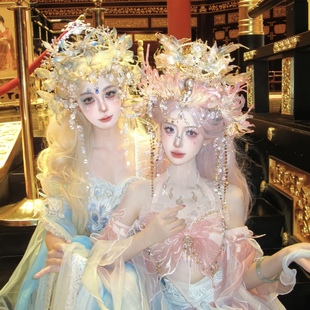 原创设计粉色鲛人人鱼发冠套装汉服中式新娘仙气神女龙女耳挂配饰