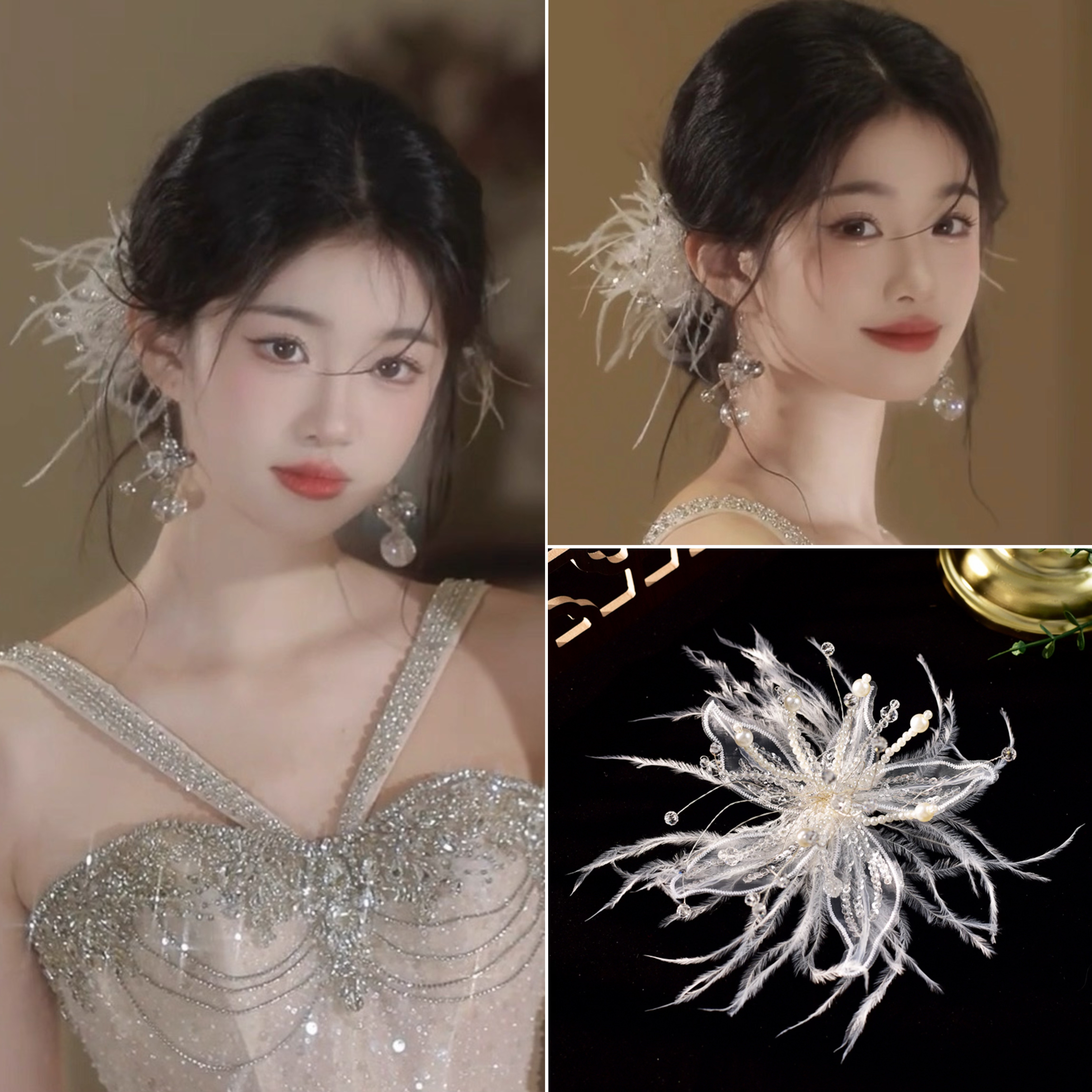 超仙森系甜美花朵羽毛发夹盘发侧边夹唯美高级感仙气羽毛新娘配饰