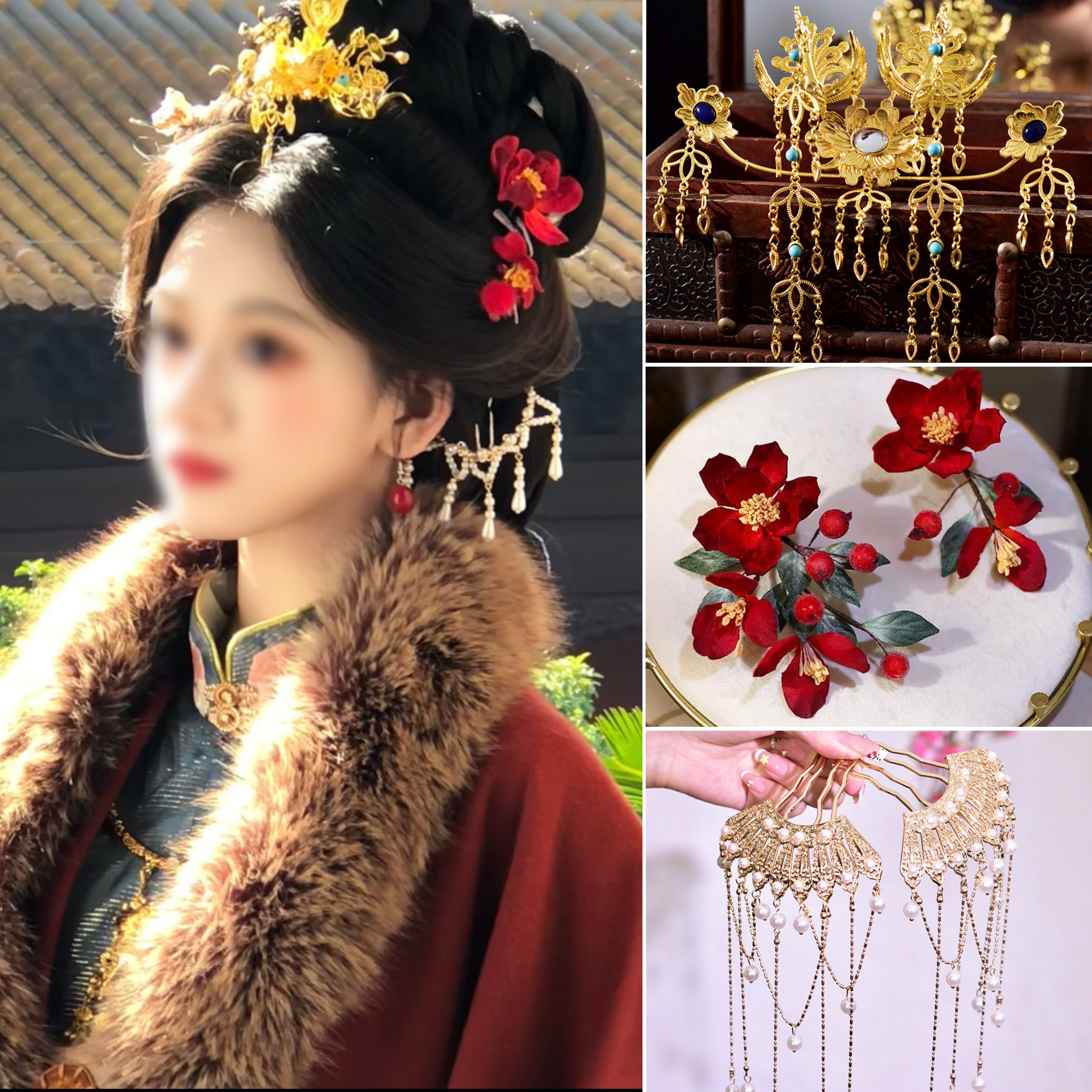 红色头饰明制裘衣发冠汉服发饰