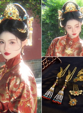 原创中式新娘头饰秀禾凤凰凤冠汉服发冠新款明制皇后婚礼发饰奢华