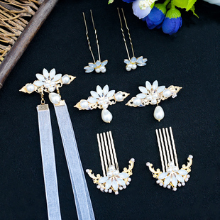 汉服古风珍珠发夹发梳发钗百搭流苏钻花簪子发冠顶簪点缀镀金配饰