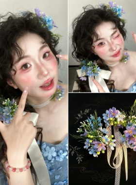 新中式蓝色仿真花晨袍礼服发饰品