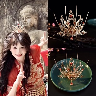 异域风情头饰仙侠风发冠圣母原创古风汉服镀金大气红色凤冠发饰品