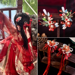 原创红色发梳古风旗袍汉服发饰红色飘带对夹长丝带发夹国风头饰品