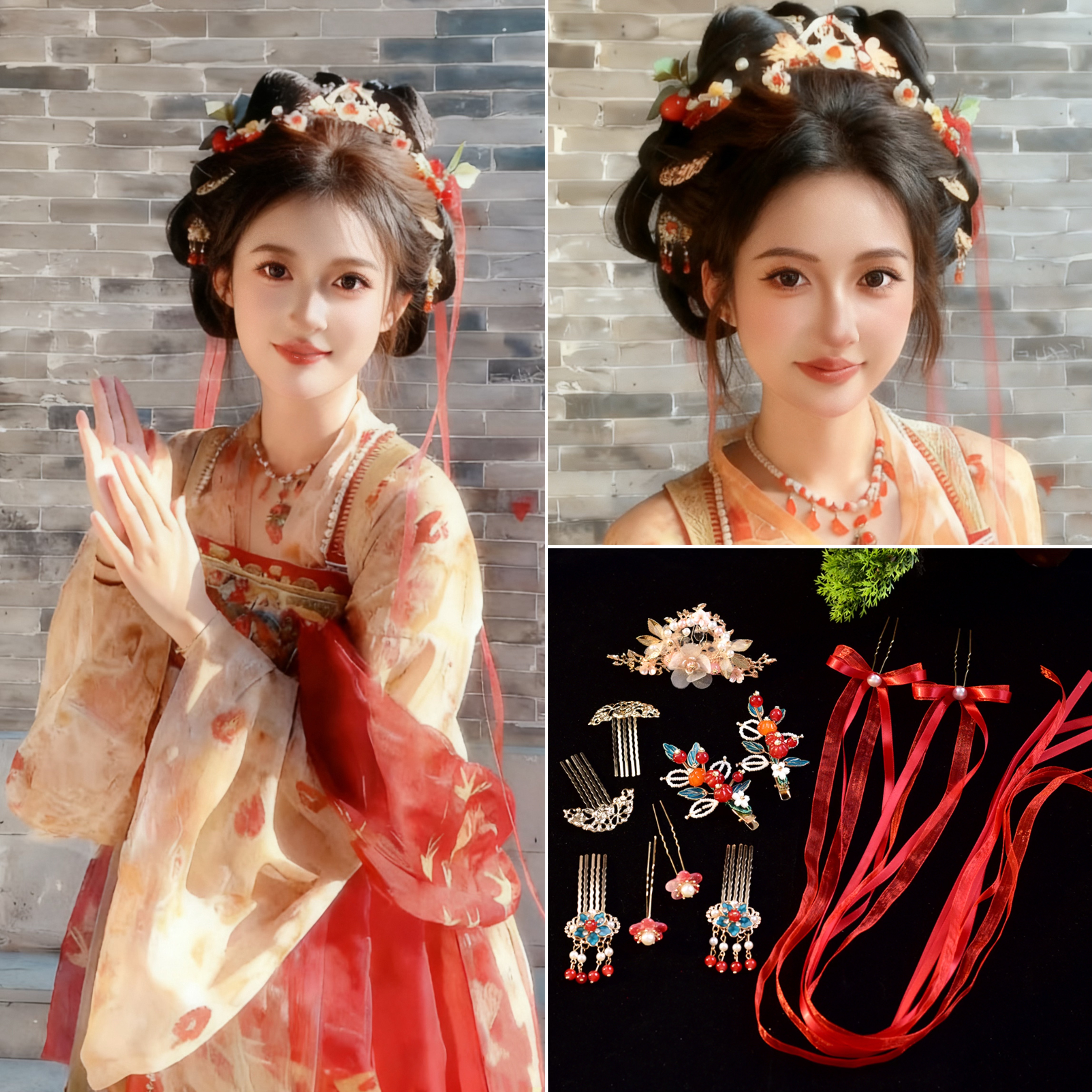 红色小唐风头饰汉服超仙甜美风