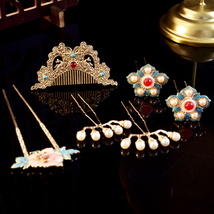 小唐公主发饰古风汉服发冠鬓发全套头饰重工明制狄髻发饰发簪配饰