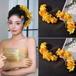 新娘头饰黄色九排绣球永生花明媚仙气森系甜美点缀造型室外发饰品