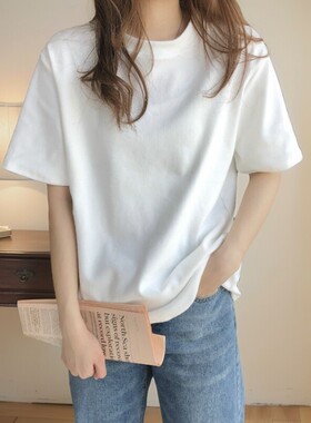 白色短袖圆领T恤女款夏季纯棉宽松大码简约通勤风休闲T恤