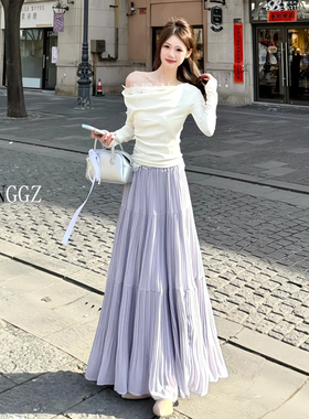 175高个子加长紫色高腰压褶a字半身裙女2025春夏新款百褶裙大摆裙