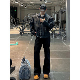 百搭微喇牛仔裤 男高街黑色国潮潮流长裤 新款 子夏季 休闲显瘦弯刀裤