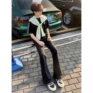 男夏季 显瘦长裤 高街潮流ins黑色百搭微喇牛仔裤 新款 子 美式 弯刀裤