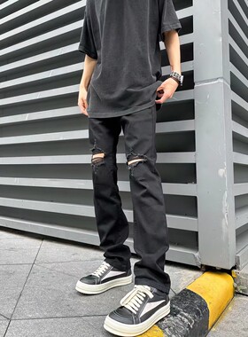 高街百搭美式黑色潮流破洞牛仔裤男显瘦休闲长裤夏季新款ins裤子