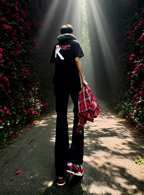 国潮高街黑色潮流长裤夏季新款百搭微喇牛仔裤男休闲显瘦弯刀裤子